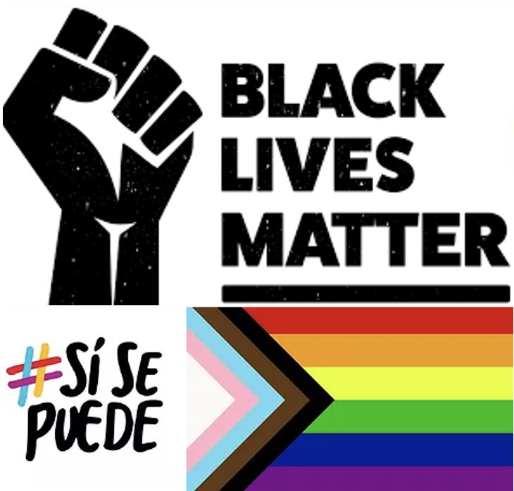 Si se puede, Black Lives Matter logo and intersectional pride flag